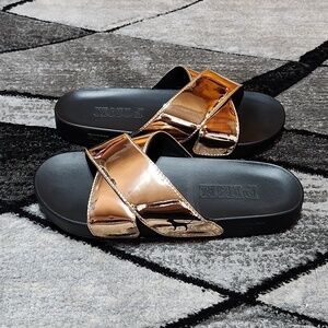 VINTAGE VS PINK METALLIC GOLD SHINE DOG LOGO SLIP-ON SLIDES SANDALS LARGE